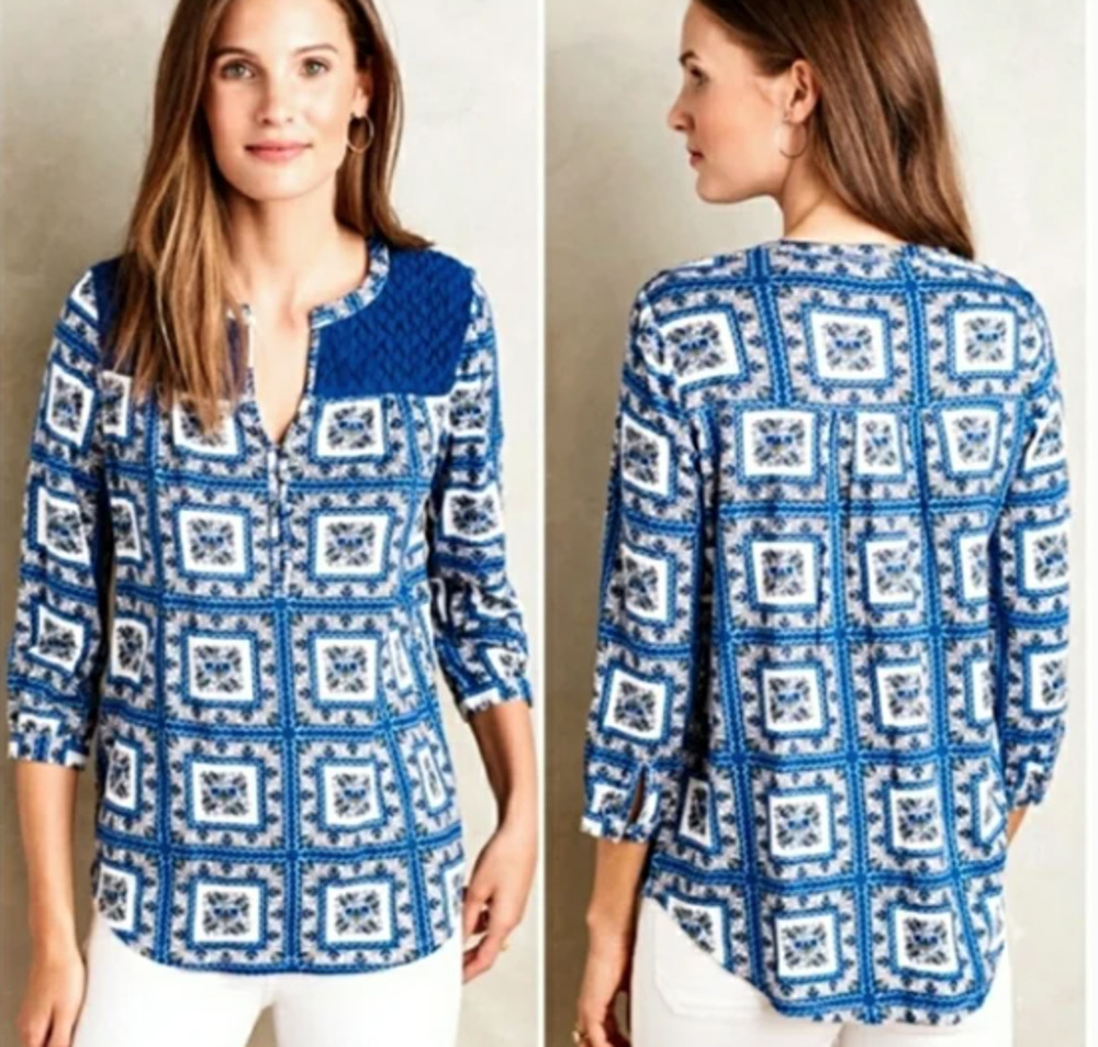 Anthropologie Porridge Belmar Top Sz S Boho Blue Popover Peasant Festival Blouse